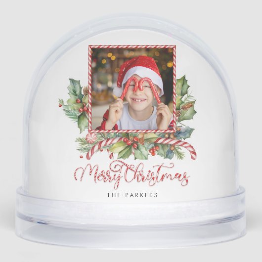 Fun Candy Cane Merry Christmas Photo Snow Globe Sneeuwbol (Voorkant)