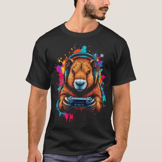 Fun Capybara T-shirt Gamepad Hoofdtelefoon Videoga (Voorkant)