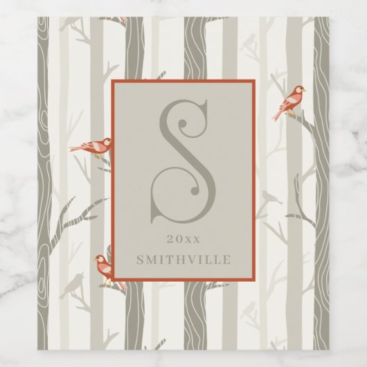 Fun Cardinals in Birch Trees Monogram S Custom Wijn Etiket (Enkel label)