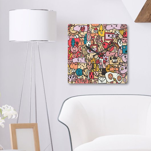 Fun Cartoon Caracter Hand Drawn Toss Pattern Kinde Vierkante Klok