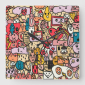 Fun Cartoon Caracter Hand Drawn Toss Pattern Kinde Vierkante Klok (Voorkant)