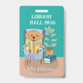 Fun Cartoon Reading Dog Library Hall Pass Badge (Voorzijde)