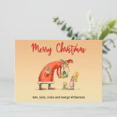 Fun Cartoon Santa bezorgt cadeaus voor kerstmis Feestdagenkaart (Staand voorkant)