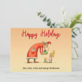Fun Cartoon Santa bezorgt cadeautjes Prettige fees Feestdagenkaart (Staand voorkant)