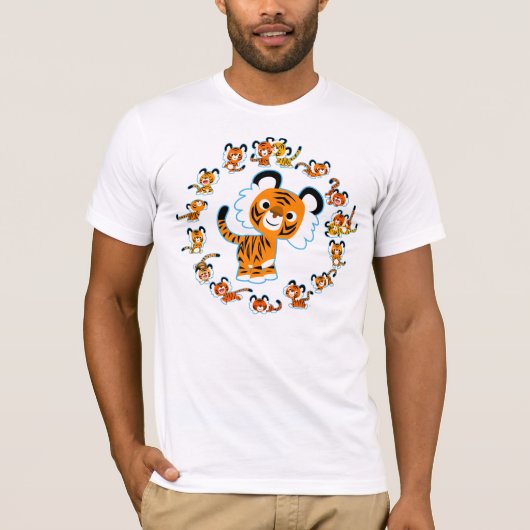 Fun Cartoon Tigers Mandala (Blauwe tekening) T-shirt (Voorkant)