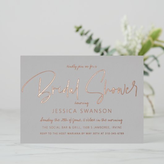 Fun Casual Script Grey Vrijgezellenfeest Roos Gold Folie Uitnodiging (Staand Voorkant)