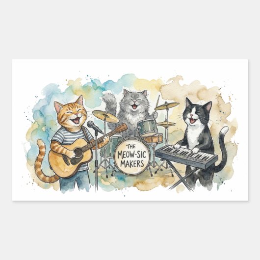 Fun Cat Band Music Piano Drums Keyboard Rechthoekige Sticker (Voorkant)