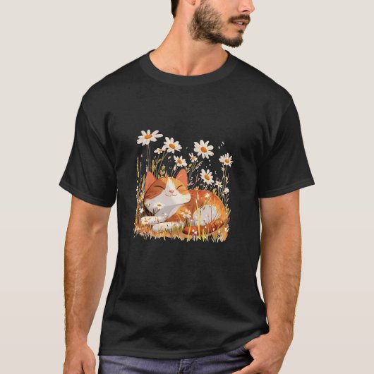 Fun Cat in Flower Meadow for Daisies and Flowers L T-shirt (Voorkant)