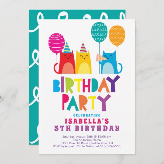 Fun Cats Birthday Party Invitation Kaart (Voorkant / Achterkant)