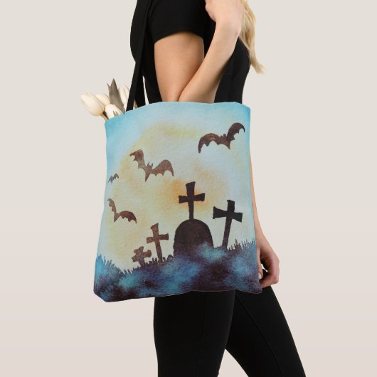 Fun Cemetery Graves gekruist Volle Maan Halloween Tote Bag (Dichtbij)
