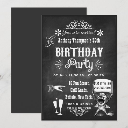 Fun  Chalkboard Birthday Party Invitation Kaart (Voorkant / Achterkant)