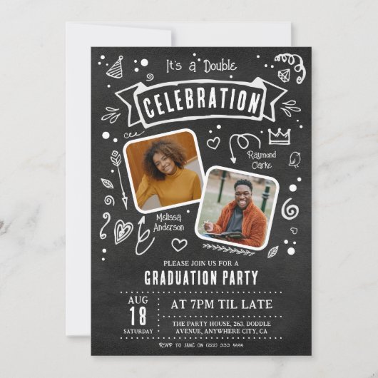 Fun Chalkboard Doodle Double Graduparty Kaart (Voorkant)