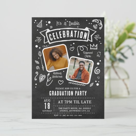 Fun Chalkboard Doodle Double Graduparty Kaart (Staand voorkant)