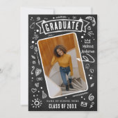 Fun Chalkboard Doodle Photo Afstuderen Aankondiging (Voorkant)