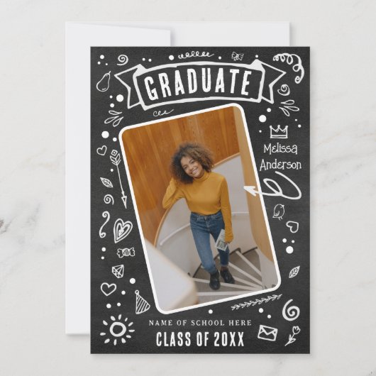 Fun Chalkboard Doodle Photo Afstuderen Aankondiging (Voorkant)