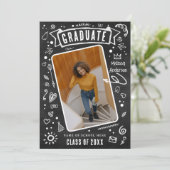 Fun Chalkboard Doodle Photo Afstuderen Aankondiging (Staand voorkant)