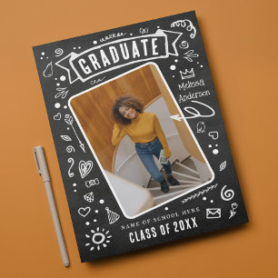 Fun Chalkboard Doodle Photo Afstuderen Aankondiging