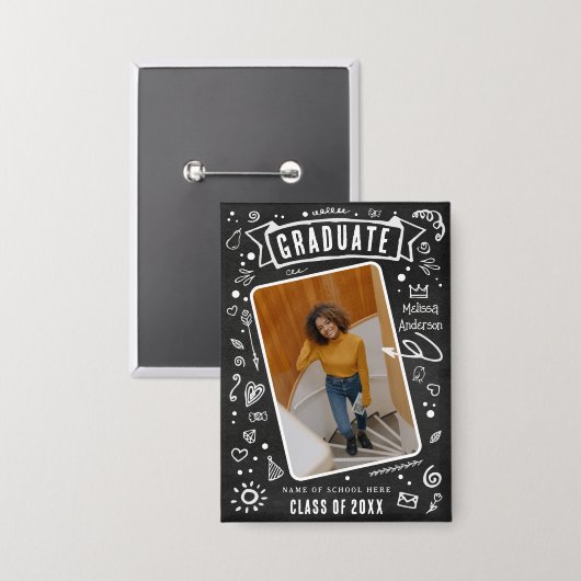 Fun Chalkboard Doodle Photo Afstuderen Button (Voorkant / Achterkant)