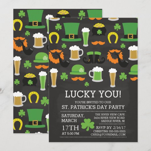 Fun Chalkboard St Patrick's Day Dinner Party Kaart (Voorkant / Achterkant)