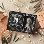 Fun Chalkboard - Stationele foto 90th Birthday Kaart<br><div class="desc">Fun modern karton doodle foto 'Shhh...  Het is een verrassing',  90th Birthday Party Invitation! Het ontwerp is uitgerust met een bijtende krijtbord en witte krijtdoedelen. Upload eenvoudig een afbeelding en pas de sjabloon met uw eigen gebeurtenisdetails aan.</div>