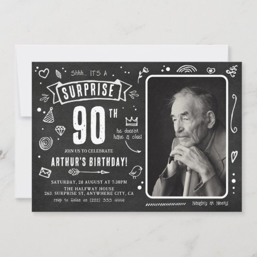 Fun Chalkboard - Stationele foto 90th Birthday Kaart (Voorkant)