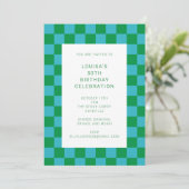 Fun Checkerboard Blue Green Geometric Birthday Kaart (Staand voorkant)