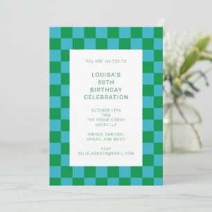 Fun Checkerboard Blue Green Geometric Birthday Kaart