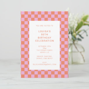Fun Checkerboard Roze Oranje Geometric Birthday Kaart