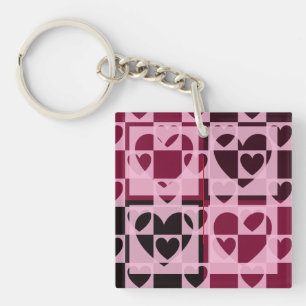 Fun Checkered Hearts Zacht Roze en Wijnrood Sleutelhanger