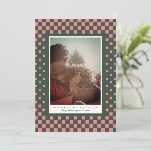 Fun Checkers Roze en Groen Feestdagenkaart (Staand voorkant)