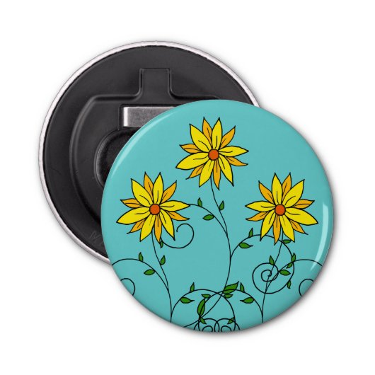 Fun Cheerful Yellow Flowers Doodle Art Button Flesopener (Voorkant)