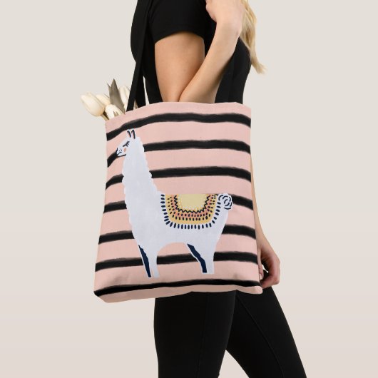 Fun Chic Llama & Stripe Patroon in roze en zwart Tote Bag (Dichtbij)