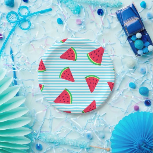 Fun Chic Watermelon Slices Blue Lines Pattern Papieren Bordje (Feest)