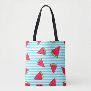 Fun Chic Watermelon Slices Blue Lines Pattern Tote Bag