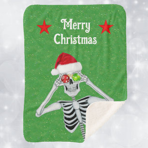 Fun Christmas Skeleton Ornament Eyeballs Red Stars Sherpa Deken
