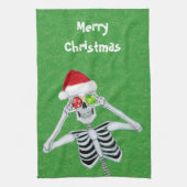 Fun Christmas Skeleton Ornament Eyes on Green Theedoek (Verticaal)