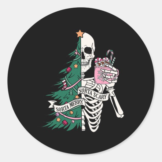 Fun Christmas Sorta Merry Sorta Scary Skeleton XMA Ronde Sticker (Voorkant)