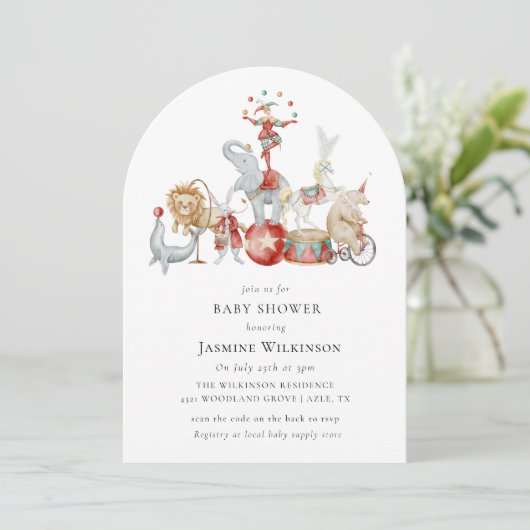 fun Circus Baby Shower with qr code Invitation Kaart (Staand voorkant)