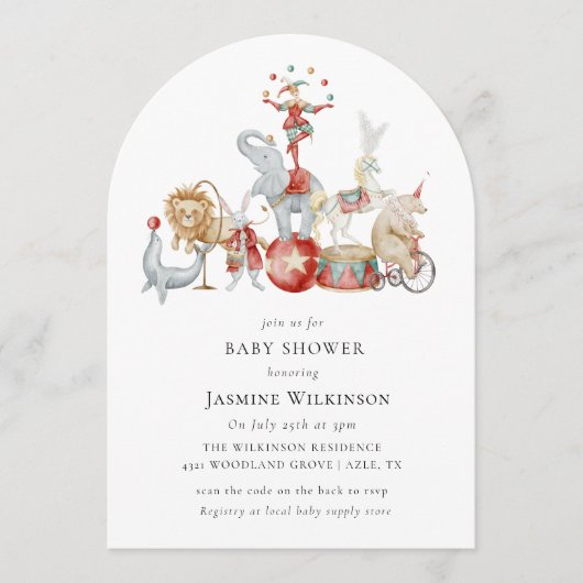 fun Circus Baby Shower with qr code Invitation Kaart (Voorkant)