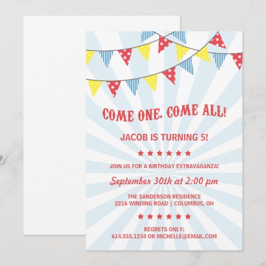 Fun Circus Birthday Party Kaart (Voorkant / Achterkant)