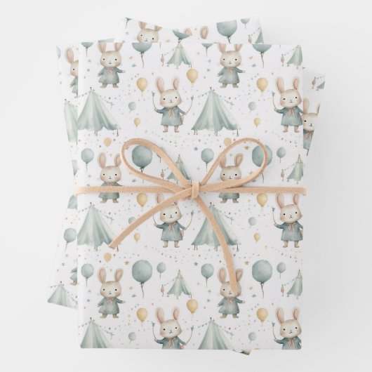 Fun Circus Bunny Balloons Pattern Baby shower Inpakpapier Vel (In situ)