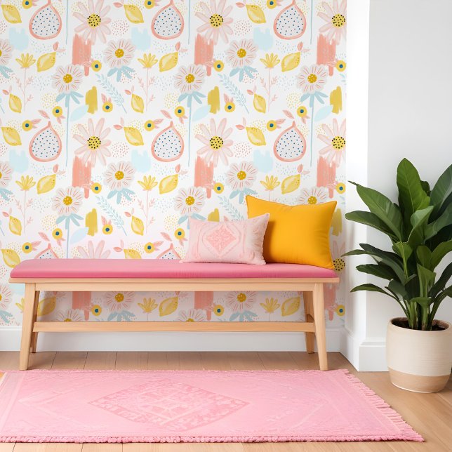Fun Citrus Lemon Pomegranate Fruit Floral Pattern Behang (Fun Citrus Lemon Pomegranate Fruit Floral Pattern Wallpaper)