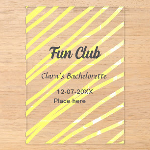 Fun Club vrijgezellenfeest gele lijnen achtergrond Acryl Uitnodigingen