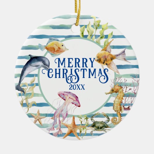 Fun Coastal Beach Theme Merry Kerstmis, Foto Keramisch Ornament (Voorkant)