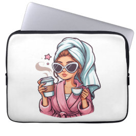 Fun Coffee Girl in a Robe Electronics Bag Laptop Sleeve