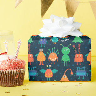 Fun Colorful Alien Pattern for Kids on Blue Party Cadeaupapier
