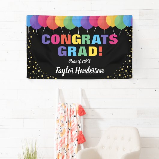 Fun Colorful Balloons Gold Confetti Afstuderen Spandoek (Insitu)