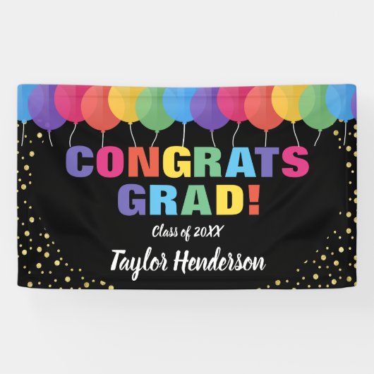 Fun Colorful Balloons Gold Confetti Afstuderen Spandoek (Horizontaal)