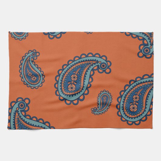 Fun Colorful Blue en Oranje Paisley Pattern Theedoek (Horizontaal)