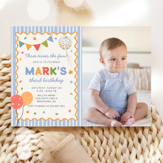 Fun Colorful Boy 3rd Birthday Photo Invitation Kaart